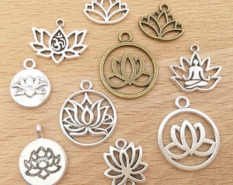 20/40/60pcsAntique Silver Yoga OM Lotus Flower Chakra Charms for Jewelry Making Crafting Findings Accessory for DIY Necklace Bracelet