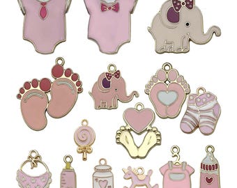 10/15pcs Pink Baby Charms Alloy Clothes, Bottles, Feet, Socks, Bib Pendants for DIY Bracelet Necklace Earrings Jewelry Making Accessories