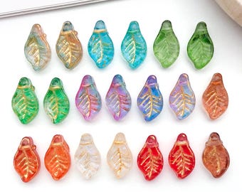 20pcs 7*12mm Colorful Glass Leaf Charms with Golden Trim Pendants for DIY Bracelets Necklaces Earrings Jewelry Making Accessories