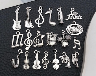 20pcs Antique Silvery Musical Instrument Charms Alloy Guitar, Note, Trumpet Pendants for DIY Bracelet Necklace Jewelry Making Accessory