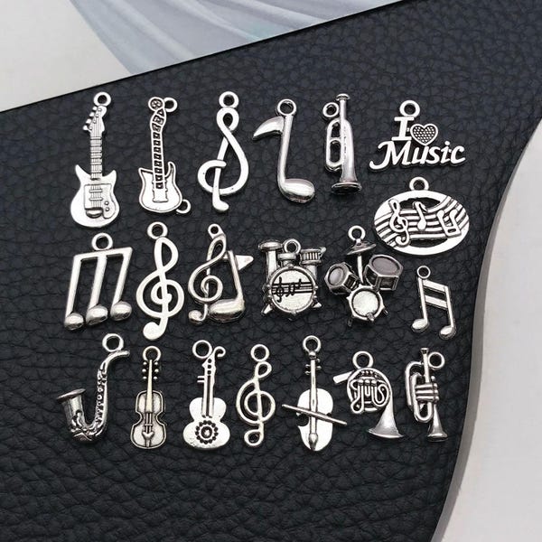 20pcs Antique Silvery Musical Instrument Charms Alloy Guitar, Note, Trumpet Pendants for DIY Bracelet Necklace Jewelry Making Accessory
