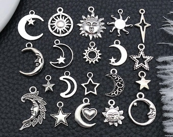 76 Ciondoli Vintage A Forma Di Stella, Luna E Sole In Lega Bronzo E Argento - Per Creazioni Fai Da Te - 5