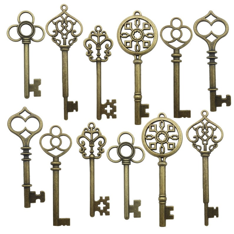 12 Antiqued Silver Tone Skeleton Keys Wedding Vintage Style Pendants Charms Mix
