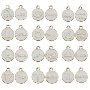 6Color.12pcs/Lot 12 Constellation Enamel Charms Enamel Zodiac Constellation Charms, Astrology Birth Sign Double Sided Coin Zodiac Charm Sets White