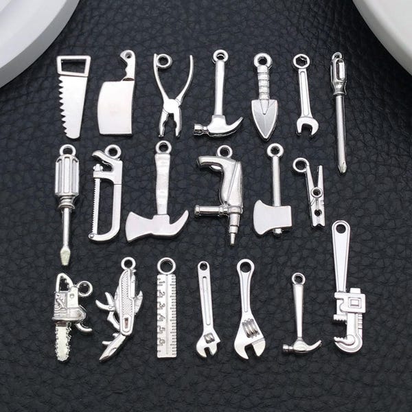 20pcs Bright Silvery Tools Charms Alloy Saw, Wrench, Axe, Hammer Design Pendant for DIY Bracelet Necklace Earrings Jewelry Making Accessory