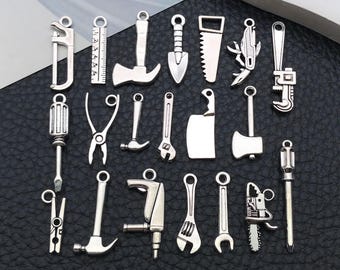 20pcs Antique Silvery Tools Charms Alloy Saw, Wrench, Axe, Hammer Design Pendant for DIY Bracelet Necklace Earrings Jewelry Making Accessory