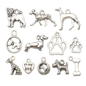70 PCS Dog Charms Collection, Mix Silver Dog Puppy Bulldog Dog Lover Person Poodle Chihuahua Greyhound Westie Breed Paw Metal Pendant M152