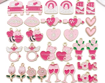 20/30pcs Pink Enamel Valentine's Day Charms, Alloy Flowers, Hearts, Chocolate Pendants for DIY Jewelry Making Accessories