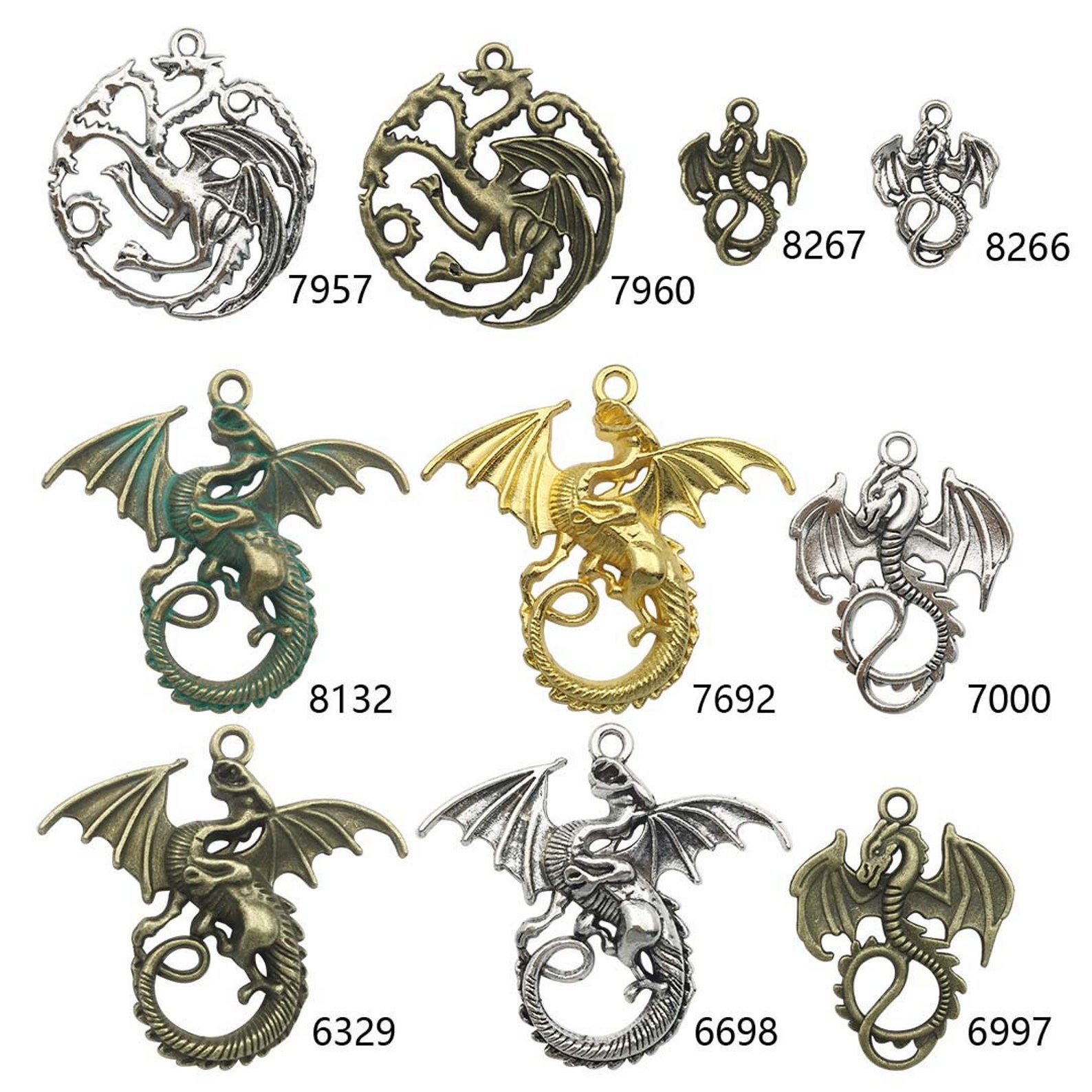 5 Dragon Charms Pendants Antique Silver Bronze Gold Tone Etsy