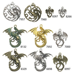 5 Dragon Charms Pendants- Antique Silver Bronze Gold Tone, Multiple Design Choices
