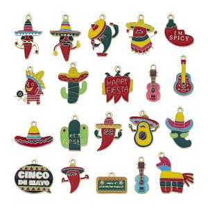 20 piezas de dijes esmaltados para festivales mexicanos, de aleación, con chile, sombrero, cactus, guitarra y letras, para hacer joyas.