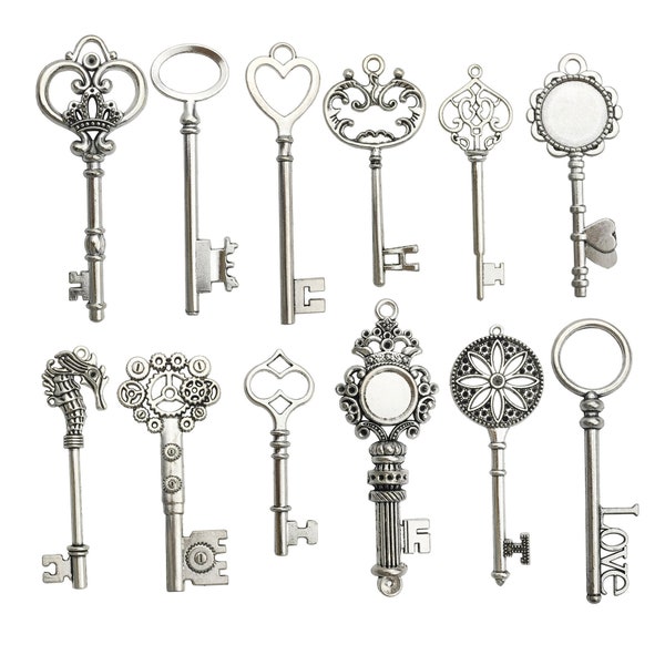 12 Big Key Collection - Antique Silver Wedding Skeleton Steampunk Key Charms for Necklace and Bracelet Jewelry Accessories M102