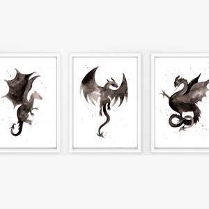 Watercolour Dragon Print Set - black grey dragon art, silhouette dragon prints, boys bedroom prints, set of 3 dragon prints
