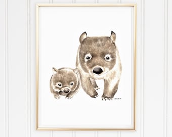 Watercolour Wombat Print - mother and baby animal print, nursery prints, nursery decor, australian animal print