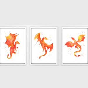 Digital Download - Orange Dragon Silhouette Artwork - watercolour dragon prints, orange yellow dragon prints, watercolor dragons