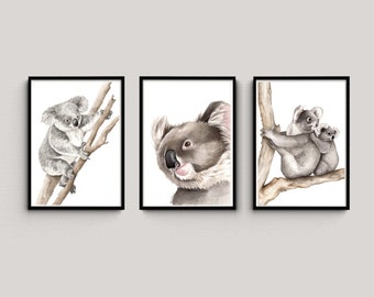 Set of Three Watercolour Koala Prints - Australian Animal Artwork