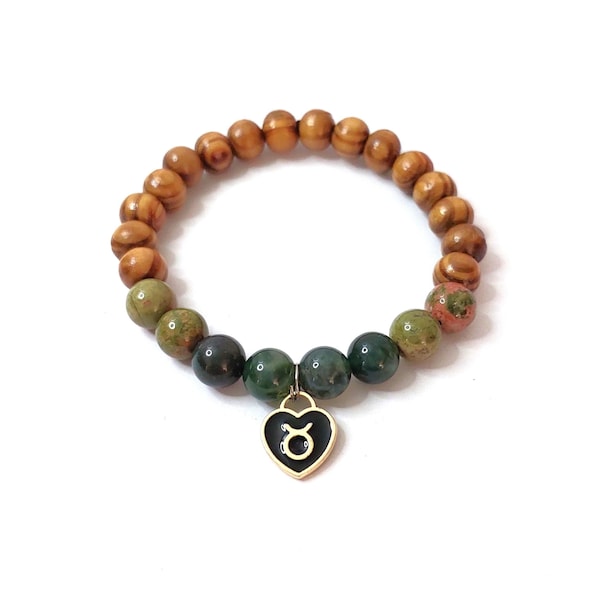 Taurus Heart Bracelet with Green Moss Agate and Unakite - zodiac bracelets, taurus bracelet, taurus zodiac jewellery