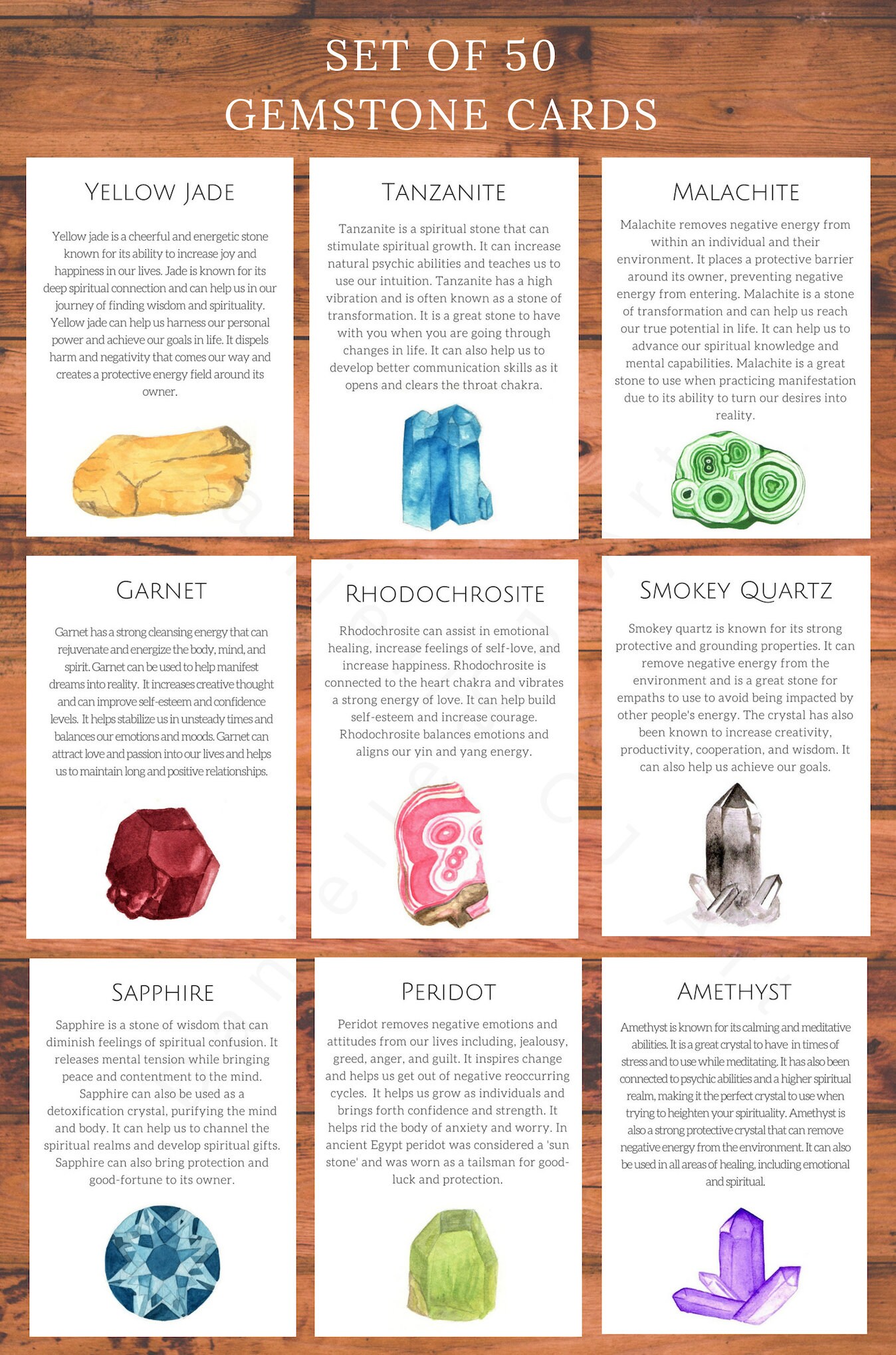 Handmade Gemstone Cards Set of 50 gemstone meanings tarot Etsy