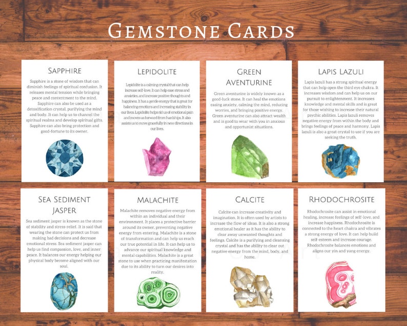 Handmade Gemstone Cards Set of 50 gemstone meanings tarot | Etsy