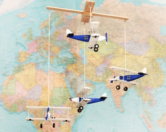 Airplane mobile, 4 Blue White Black Hanging planes with military aircraft insignia, Decorative wooden airplane, Pilot gift, Nursery Decor