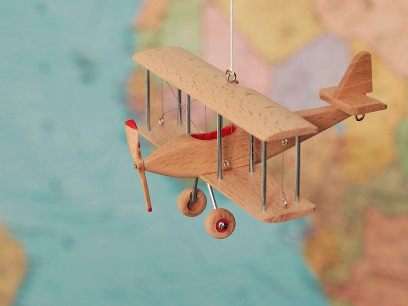 Beech Hanging Airplane Mobile, Decorative Wooden Airplane for Travel Theme Nursery, 5 inches image 4