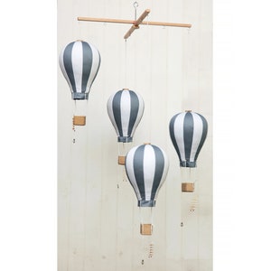 Hot Air Balloon Mobile, Fabric Air Balloons, Wooden basket, Travel theme nursery, Gray white , Hanging nursery decor, balloonist gift
