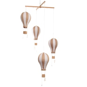 Hot Air Balloon Mobile, Fabric Air Balloons, Wooden basket, Travel theme nursery, beige white , Hanging nursery decor, balloonist gift
