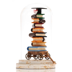Small wooden sculpture of a book on a cart in glass cloche. An excellent graduation gift. Book Lover Display Table Decoration. Library decor