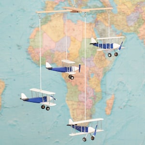 Airplane baby mobile, 4 Blue White Black Hanging planes, Decorative wooden airplane, Travel theme nursery, baby shower gift, Nursery Decor image 6