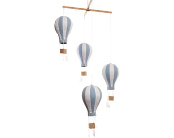 Blauw-witte heteluchtballon mobiel, kinderkamer wiegdecor reisthema