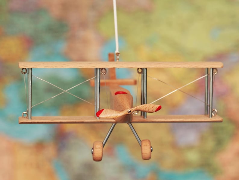 Beech Hanging Airplane Mobile, Decorative Wooden Airplane for Travel Theme Nursery, 5 inches image 2