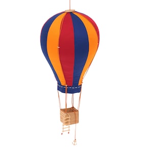 Hot Air Balloon Mobile, Fabric Air Balloon, Wooden basket, Travel theme nursery, Вlue red yellow, Hanging nursery decoration, Baby Decor