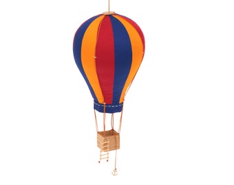 Hot Air Balloon Mobile, Fabric Air Balloon, Wooden basket, Travel theme nursery, Вlue red yellow, Hanging nursery decoration, Baby Decor