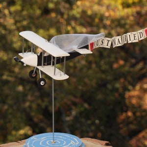 Airplane on stand with personalization banner, custom centerpiece for wedding table. Mr and Mrs gifts.