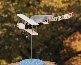 Airplane on stand with personalization banner, custom centerpiece for wedding table. Mr and Mrs gifts.