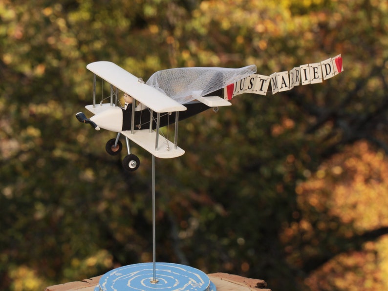 Airplane on stand with personalization banner, custom centerpiece for wedding table. Mr and Mrs gifts. image 1