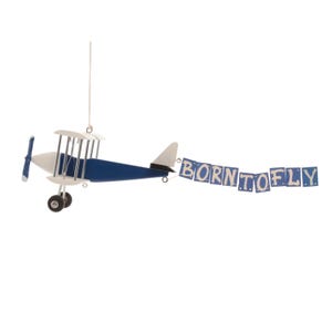 Personalized wooden plane with a banner BORN TO FLY. Custom Hanging Biplane Hanging Airplane, Blue White Black, For Children, Nursery Decor