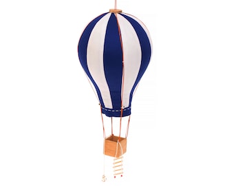 Hot Air Balloon, Fabric Air Balloons, Wooden basket, Travel theme nursery, Blue white , Hanging nursery decor, Aerostat, balloonist gift