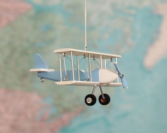 Hanging Airplane, Baby Blue White Nursery Hanging Decor, Wooden Plane