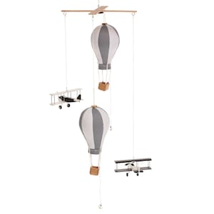 Airplane and Hot Air balloon mobile, Neutral Nursery Decor, Travel Themed Decorations, Baby mobiles, kids room, wooden hanging plane, Gift