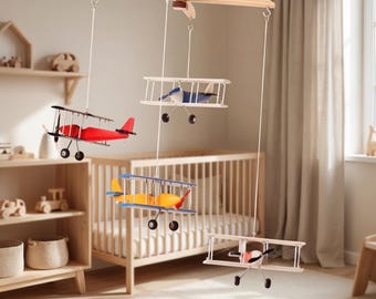 Airplane mobile, 4 different Hanging planes, Decorative wooden airplane, Travel theme nursery, baby shower gift, Nursery Decor mobile,biplan