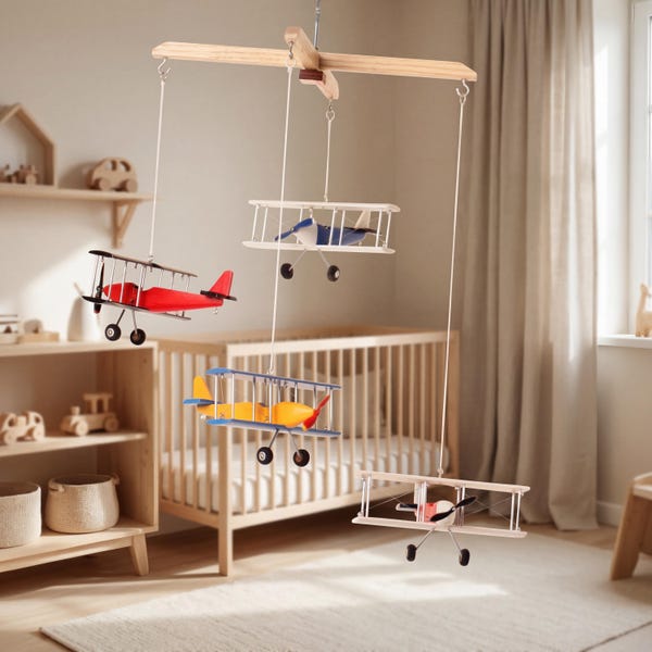 Móvil de aviones, 4 aviones colgantes diferentes, avión de madera decorativo, habitación infantil con temática de viajes, regalo para baby shower, móvil de decoración para habitación infantil, biplano