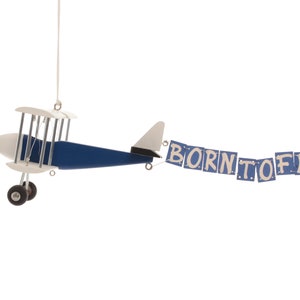 Personalized wooden plane with a banner BORN TO FLY. Custom Hanging Biplane Hanging Airplane, Blue White Black, For Children, Nursery Decor
