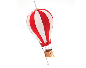 Handmade Red White Hot Air Balloon Mobile, Wooden Nursery Decor, Baby Crib Hanging Decoration