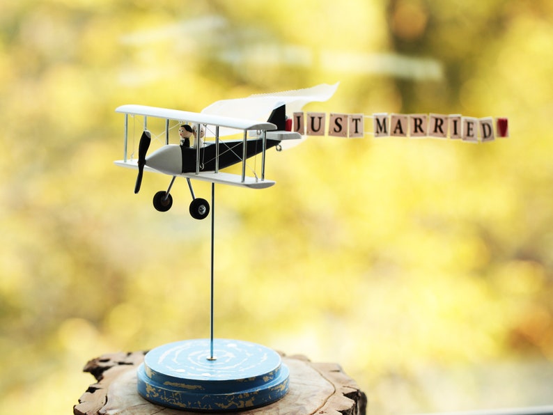 Airplane on stand with personalization banner, custom centerpiece for wedding table. Mr and Mrs gifts. image 9