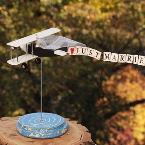Airplane on stand with personalization banner, custom centerpiece for wedding table. Mr and Mrs gifts. image 2