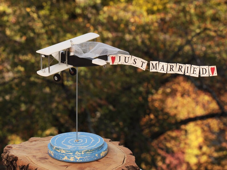 Airplane on stand with personalization banner, custom centerpiece for wedding table. Mr and Mrs gifts. image 2