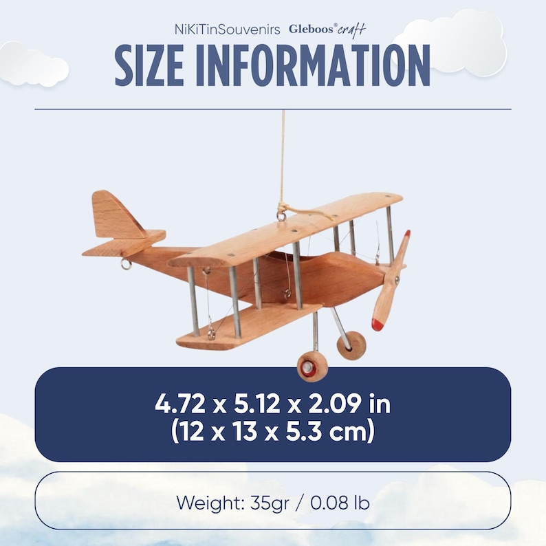 May include: A wooden biplane model with a propeller, two wings, and wheels, suspended by a string. Text reads SIZE INFORMATION, NiKiTinSouvenirs Gleboos craft, 4.72 x 5.12 x 2.09 in, and Weight: 0.08 lb. The plane features a light brown wood finish.