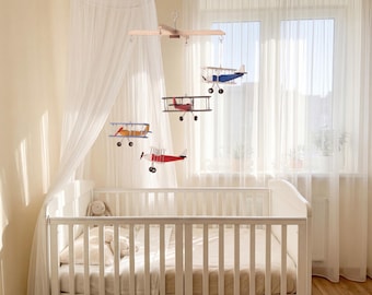 Wooden Airplane Mobile, 4 Plane Decor for Kids Room, Travel Theme Wall Hanging, Aviation Boys Room