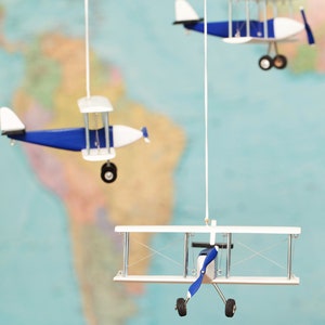 Airplane baby mobile, 4 Blue White Black Hanging planes, Decorative wooden airplane, Travel theme nursery, baby shower gift, Nursery Decor image 3